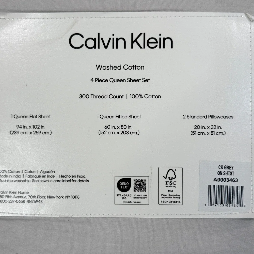 Calvin Klein Washed Cotton Queen Sheet‎ Set 4pc 300TC Grey NEW